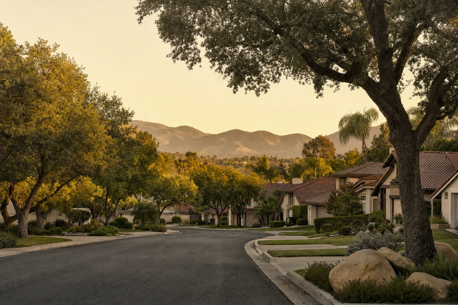 Granada Hills neighborhood with rolling hills and oak trees