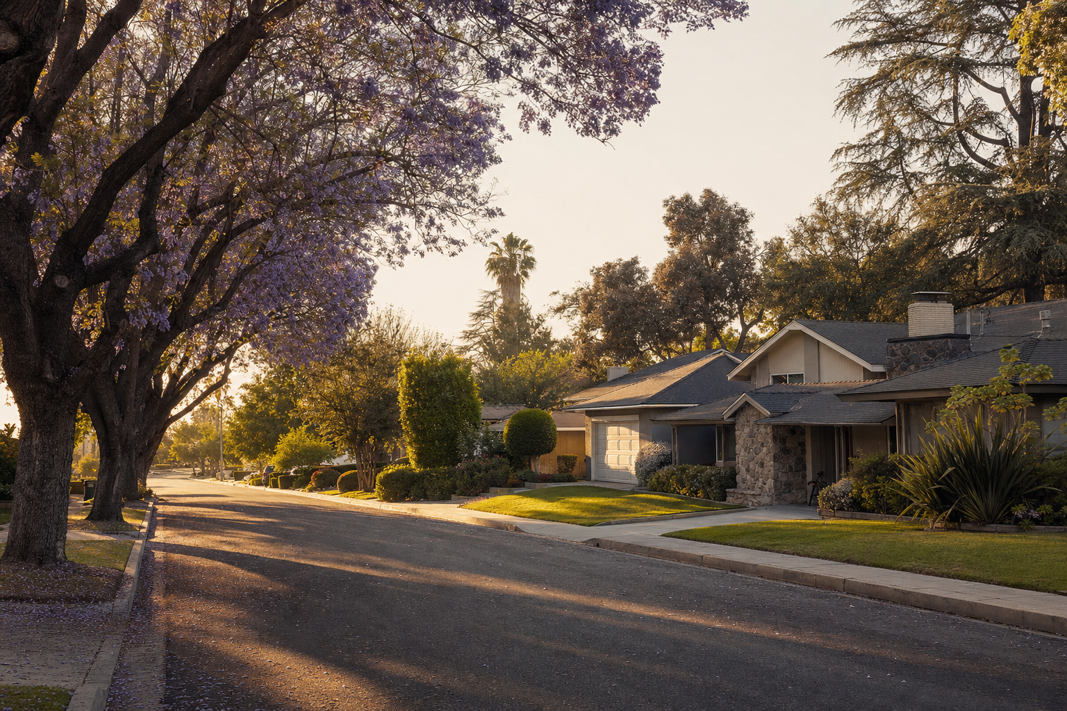 Northridge tree-lined street with jacaranda trees
