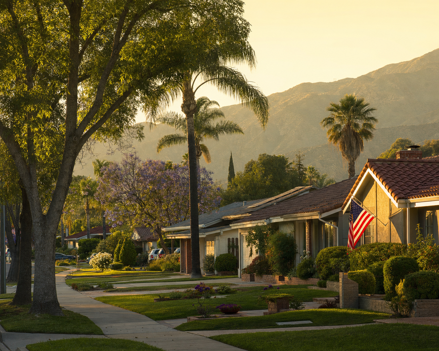 A San Fernando Valley residential street at golden hour with mature palm trees, jacaranda blooms, and the Santa Susana Mountains in the background