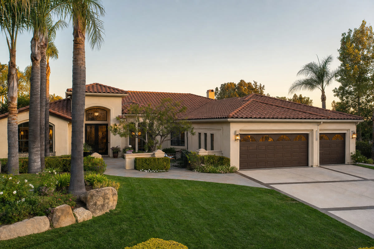 Spanish-style ranch home in Porter Ranch with terracotta roof and mature palm trees