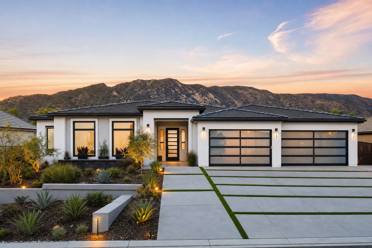 Modern single-story home in Simi Valley with mountain views at sunset